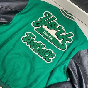 VTG DeLong York Dukes Football Varsity Jacket Sz L Wool Distressed High School